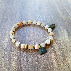 Matte Agate Bracelet with a Greek Brass Patina Heart